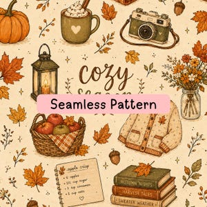 Könnte beinhalten: Ein nahtloses Muster mit herbstlichen Illustrationen, darunter ein Kürbis, eine Tasse mit Schlagsahne, eine Vintage-Kamera, eine Laterne, ein Korb mit Äpfeln, eine Strickjacke, ein Rezept für Apfel-Crumble und ein Stapel herbstlicher Bücher.