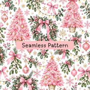 Puede incluir: Un patrón continuo con árboles de Navidad rosas, coronas y adornos sobre un fondo blanco. El diseño incluye lazos rosas, luces doradas, piñas, muérdago y copos de nieve. El texto Seamless Pattern aparece en el centro.