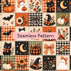 Könnte beinhalten: Ein nahtloses Muster mit einem Raster aus Quadraten mit Halloween-Motiven, darunter schwarze Katzen, Geister, Kürbisse, Hexenhüte, Sonnenblumen, Mondsicheln sowie orangefarbene und schwarze Schleifen auf verschiedenen karierten Hintergründen.