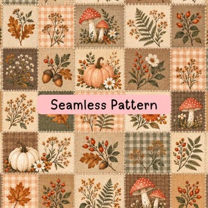 May include: A fabric design featuring a patchwork grid of squares with autumn-themed illustrations including pumpkins, mushrooms, acorns, berries, and leaves in shades of orange, brown, and green. The text Seamless Pattern is centered.