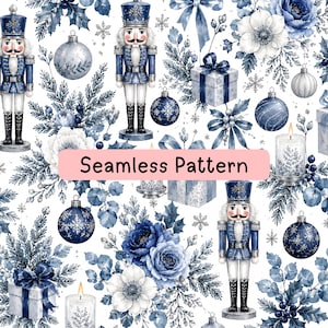 Könnte beinhalten: Ein nahtloses Muster mit Aquarellillustrationen von blauen Nussknackern, silbernen und blauen Weihnachtskugeln, Geschenkkartons mit Schleifen, brennenden Kerzen, weißen Blumen und Tannenzweigen auf weißem Grund mit dem Text Seamless Pattern.