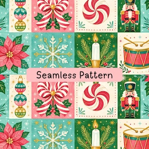 May include: A seamless pattern featuring Christmas motifs including red and white candy cane bows, peppermint swirls, nutcrackers, poinsettias, snowflakes, lit candles in gold holders, and drums with sticks, all set against a grid of festive colors.