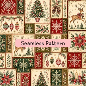May include: A seamless pattern featuring rectangular panels with Christmas motifs including decorated pine trees, reindeer, poinsettias, hanging ornaments, snowflakes, pinecones, and candles in a colour palette of deep red, forest green, and cream.