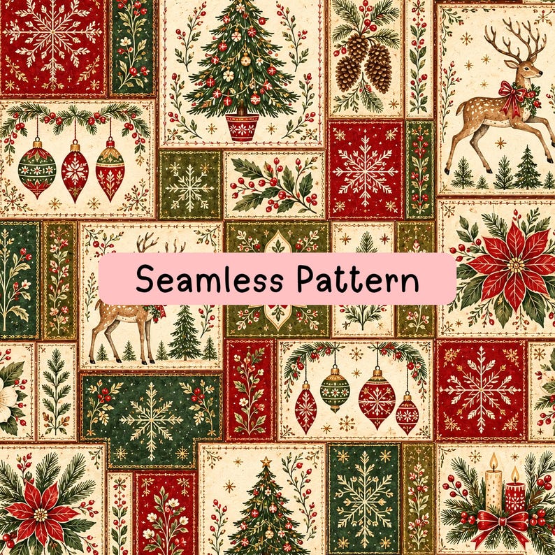 May include: A seamless pattern featuring rectangular panels with Christmas motifs including decorated pine trees, reindeer, poinsettias, hanging ornaments, snowflakes, pinecones, and candles in a color palette of deep red, forest green, and cream.