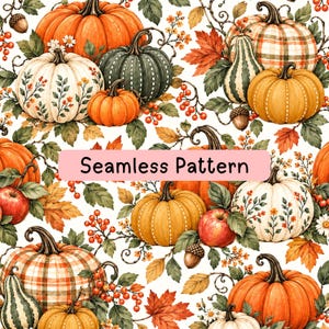 Op de afbeelding: Een naadloos patroon met oranje, witte en groene pompoenen, rode appels, eikels en herfstbladeren op een witte achtergrond. Het ontwerp bevat bessen en florale accenten, met de tekst Seamless Pattern in een roze rechthoek.