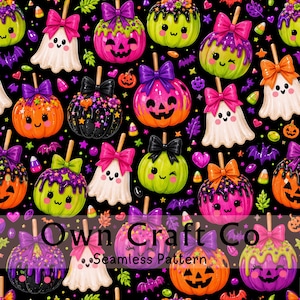May include: A seamless pattern on a black background featuring cartoon ghosts, jack-o'-lanterns, and candy apples with colorful bows. The design includes small bats, leaves, and candy corn. The text Own Craft Co Seamless Pattern is visible.