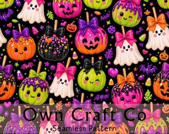 Kawaii Halloween Candy Apple Seamless Pattern, Cute Pumpkin Ghost Digital Paper, Coquette Fabric and Wrapping Paper Design, Black Background
