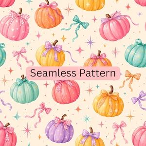 May include: A seamless pattern featuring colorful pumpkins in shades of pink, orange, yellow, teal, and purple, each adorned with a decorative bow. The design includes scattered four-pointed stars and the text Seamless Pattern in the center.