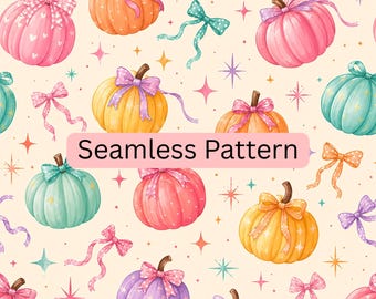 Colorful Pumpkin Seamless Pattern, Coquette Bow Fall Digital Paper, Pink Teal Orange Autumn Fabric, Wrapping Paper & Textile Sublimation JPG