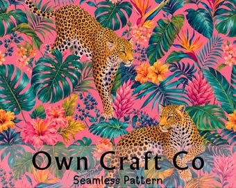 Leopard Tropical Seamless Pattern, Bright Vibrant Pink Jungle Digital Paper, Maximalist Botanical Fabric, Textile and Wrapping Paper Design
