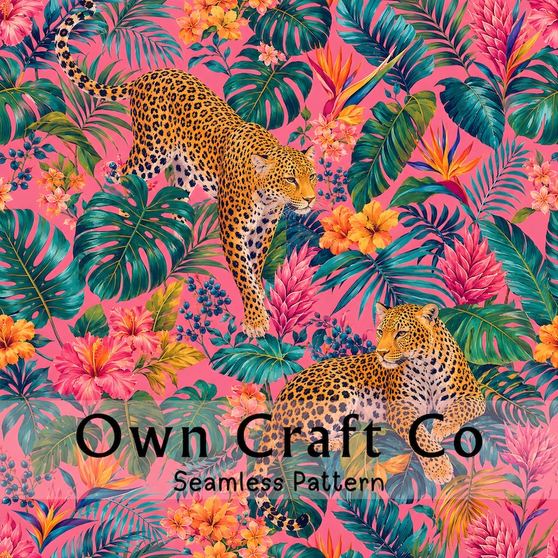 Design Own Pattern Paper Leopard Tropical Seamless Pattern, Bright Vibrant Pink Jungle Digital ...