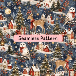 May include: A seamless pattern featuring a winter landscape with snowy hills, red houses, decorated Christmas trees, white owls wearing red scarves, and deer with red scarves. The dark blue background includes stars, snowflakes, and red berries.