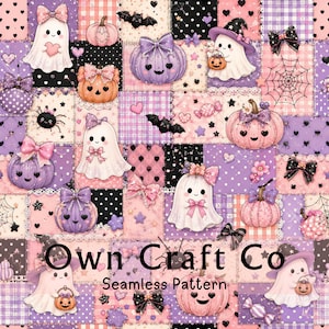 May include: A digital seamless pattern featuring a patchwork design of ghosts, pumpkins, bats, spiders, and bows in shades of pink, purple, and black. The text Own Craft Co Seamless Pattern is overlaid across the center of the image.