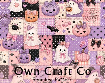 Cute Halloween Seamless Pattern, Pink Purple Coquette Ghost Digital Paper, Kawaii Pumpkin Patchwork Fabric and Scrapbook Background Textile