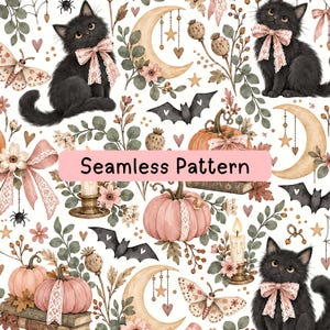 May include: A seamless pattern featuring black kittens with pink lace bows, pale pink pumpkins, crescent moons with hanging stars, bats, moths, lit candles in holders, and floral elements on a white background with the text Seamless Pattern.