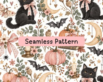 Black Cat Halloween Seamless Pattern, Coquette Pumpkin Digital Paper, Gothic Moon Bat Floral Fabric Sublimation Background, Cottagecore Fall