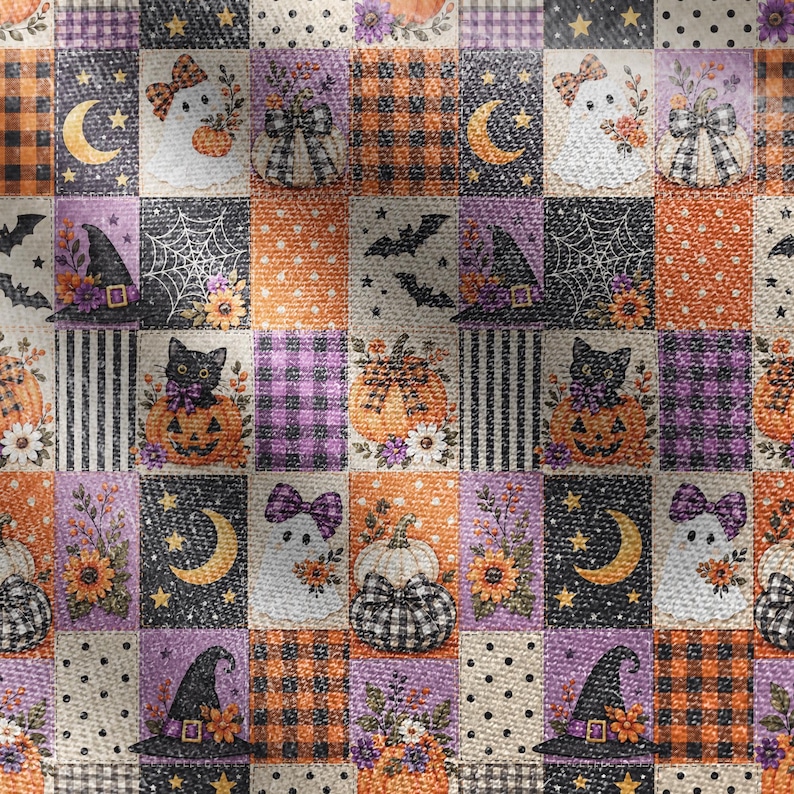 May include: A fabric sheet featuring a repeating grid pattern of Halloween-themed illustrations including ghosts with bows, pumpkins, witch hats, black cats, crescent moons, bats, spider webs, and sunflowers in orange, purple, black, and white.