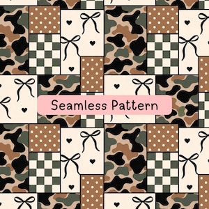 May include: A seamless pattern featuring a grid of rectangular blocks with various designs including black bows and small hearts on cream, brown polka dots, green and cream checkerboard, and a brown, green, and black camouflage print.