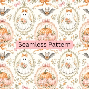 May include: A seamless pattern featuring white ghosts with orange bows and flowers inside ornate frames, alternating with pumpkins and bats. The design includes soft pink bows and floral accents on a cream background with the text Seamless Pattern.