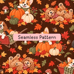 May include: A seamless pattern featuring illustrations of puppies, pumpkins, and autumn leaves on a dark brown striped background. The design includes dogs in red wagons, mushrooms, and acorns, with the text Seamless Pattern in the centre.
