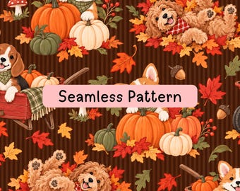 Autumn Puppy Seamless Pattern, Corgi Dogs Pumpkins Fall Leaves Digital Paper, Acorns Mushrooms Fabric Print, Sublimation Backgrounds PNG JPG