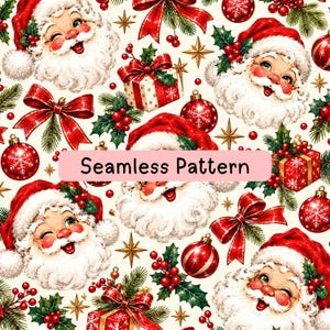 May include: A seamless pattern featuring repeating illustrations of Santa Claus faces with white beards, red hats, and rosy cheeks, interspersed with red gift boxes, red ornaments with white snowflakes, green holly, and gold stars.