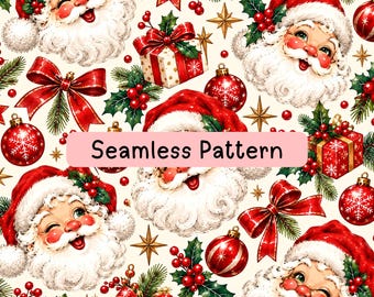 Vintage Santa Seamless Pattern, Vintage Christmas Digital Paper, Candy Cane Holly Ornament Fabric Print, Sublimation, Wrapping Paper PNG JPG