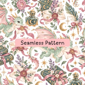 May include: A seamless pattern featuring light green dragons, cream-colored envelopes with wax seals, dark green books, ink bottles, and lavender sprigs on a white background. The text Seamless Pattern is centered in a pink rectangle.