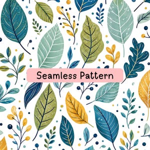 Puede incluir: Un patrón continuo que presenta una variedad de hojas ilustradas en tonos azules, verdes y amarillos sobre un fondo blanco. El diseño incluye pequeñas bayas y ramitas dispersas entre el follaje. Una barra horizontal rosa muestra el texto Seamless Pattern.