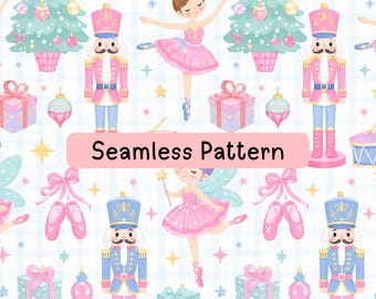 Nutcracker Christmas Seamless Pattern, Pastel Ballet Digital Paper, Ballerina Fairy, Pink Holiday Fabric, Wrapping and Sublimation JPG Files