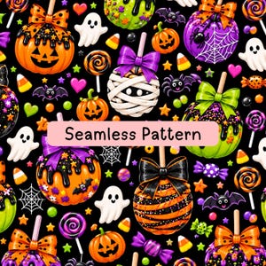 May include: A seamless pattern on a black background featuring Halloween-themed candy apples, ghosts, bats, pumpkins, lollipops, and candy corn. The text "Seamless Pattern" is centered in a light pink rectangular box over the design.