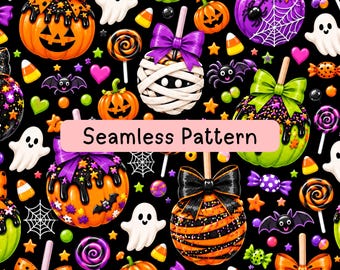 Halloween Candy Seamless Pattern, Vibrant Pumpkin Ghost Digital Paper, Cute Spooky Lollipop Fabric Print, Sublimation Wrapping Paper PNG JPG
