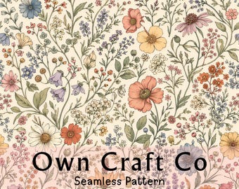 Wildflower Seamless Pattern, Vintage Botanical Digital Paper, Cottagecore Floral Fabric Print, Meadow Blossom Wrapping Paper Design Download