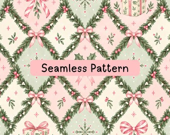 Pink Christmas Seamless Pattern, Coquette Bow Holiday Digital Paper, Evergreen Garland Snowflake Gift Wrap Fabric Sublimation Background Art