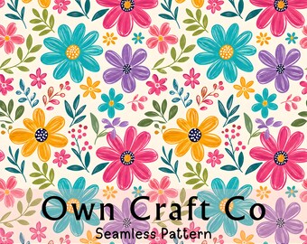 Colorful Floral Seamless Pattern, Whimsical Botanical Digital Paper, Hand Drawn Wildflower Fabric and Wrapping Paper Design