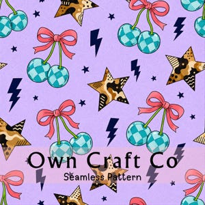 May include: A seamless pattern on a light purple background featuring pairs of teal and white checkered cherries with pink bows, brown and black leopard print stars, and dark blue lightning bolts. The text Own Craft Co Seamless Pattern is visible.