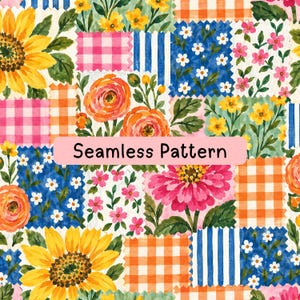 Puede incluir: Un patrón sin costuras con un diseño de patchwork de girasoles, ranúnculos naranjas, zinnias rosas y pequeñas flores blancas. La composición incluye bloques de cuadros vichy rosas y blancos, naranjas y blancos, y rayas azules y blancas.