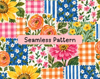Floral Patchwork Seamless Pattern, Colorful Cottagecore Digital Paper, Sunflower Gingham Fabric Sublimation Background, Spring Craft PNG JPG