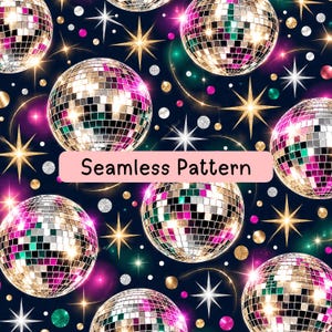 May include: A seamless pattern featuring multiple disco balls with reflective square tiles in shades of silver, pink, and green against a dark background, interspersed with glowing gold and white starbursts and small circular dots. The text Seamless Pattern is centered.