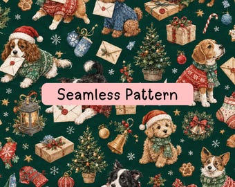 Christmas Dogs Seamless Pattern, Festive Holiday Pet Digital Paper, Dog Sweater Fabric Wrapping Paper Sublimation JPG, Two Scale Repeat Tile