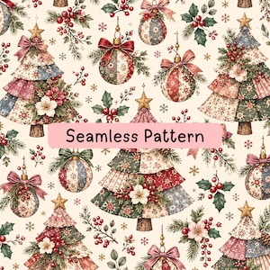 Op de afbeelding: Een naadloos patroon met kerstbomen in patchworkstijl, ronde ornamenten met strikken, hulstbessen en sneeuwvlokken op een crèmekleurige achtergrond. De tekst Seamless Pattern staat gecentreerd in een roze rechthoek.