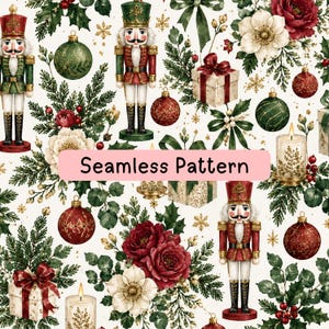 May include: A seamless pattern featuring Christmas nutcrackers in red and green uniforms, red and green ornaments, gift boxes with bows, lit candles, and floral arrangements of red roses and white flowers on a cream background with gold snowflakes.