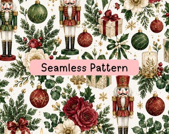 Christmas Nutcracker Seamless Pattern, Vintage Holiday Digital Paper, Holly Floral Ornament Fabric, Wrapping Paper, Two Scale JPG Repeat Set