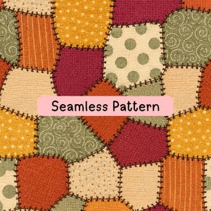 Puede incluir: Un patrón sin costuras que presenta un diseño de patchwork con cuadrados de tela en tonos naranja, rojo, verde oliva y crema. Los cuadrados muestran varias texturas incluyendo lunares, rayas y espirales, unidos por costuras de color marrón.