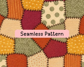 Autumn Patchwork Seamless Pattern, Rustic Quilt Digital Paper, Orange Burgundy Olive Fabric Print, Folk Art Textile JPG, Two Scale JPG Files