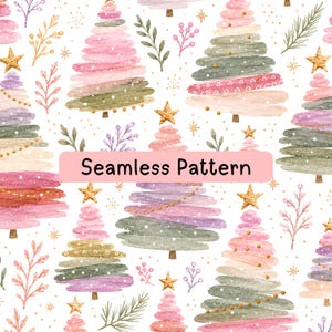May include: A seamless pattern featuring watercolor-style Christmas trees in shades of pink, green, and purple, accented with gold stars, delicate branches, and small dots on a white background, with the text Seamless Pattern centered.