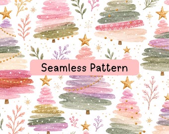 Pastel Christmas Tree Seamless Pattern, Watercolor Holiday Digital Paper, Pink Sage Fabric Print, Wrapping Paper, Sublimation Design PNG JPG
