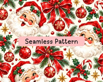 Vintage Santa Seamless Pattern, Vintage Christmas Digital Paper, Candy Cane Holly Ornament Fabric Print, Sublimation, Wrapping Paper PNG JPG