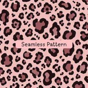 May include: A seamless pattern featuring a light pink background with dark brown and muted mauve leopard spots. A rectangular light pink label is centred on the design with the black text Seamless Pattern printed clearly in the middle.