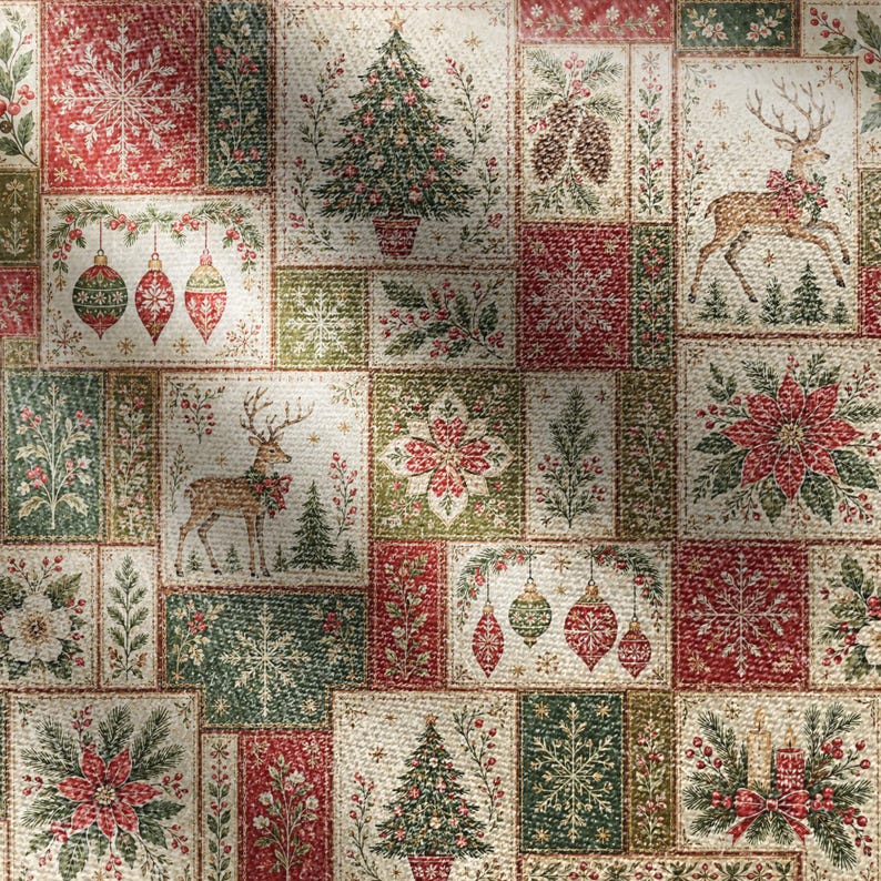 May include: A woven fabric featuring a patchwork design of holiday motifs including Christmas trees, reindeer, poinsettias, snowflakes, pinecones, and hanging ornaments in a color palette of red, green, cream, and brown with a textured finish.